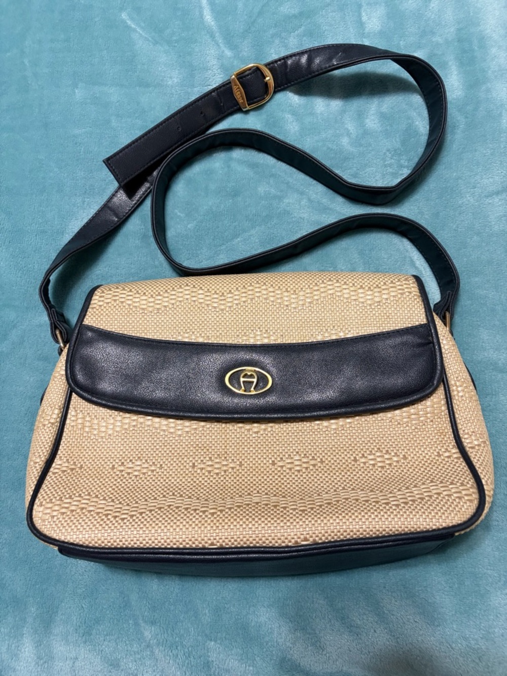 Two-Tone Woven Crossbody Bag with Blue Leather Trim
